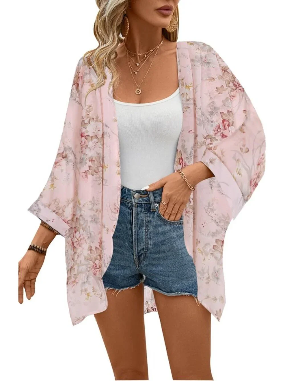 Women's Floral Print Sheer Chiffon 3/4 Bat Sleeve Casual Loose Kimono Cardigan C